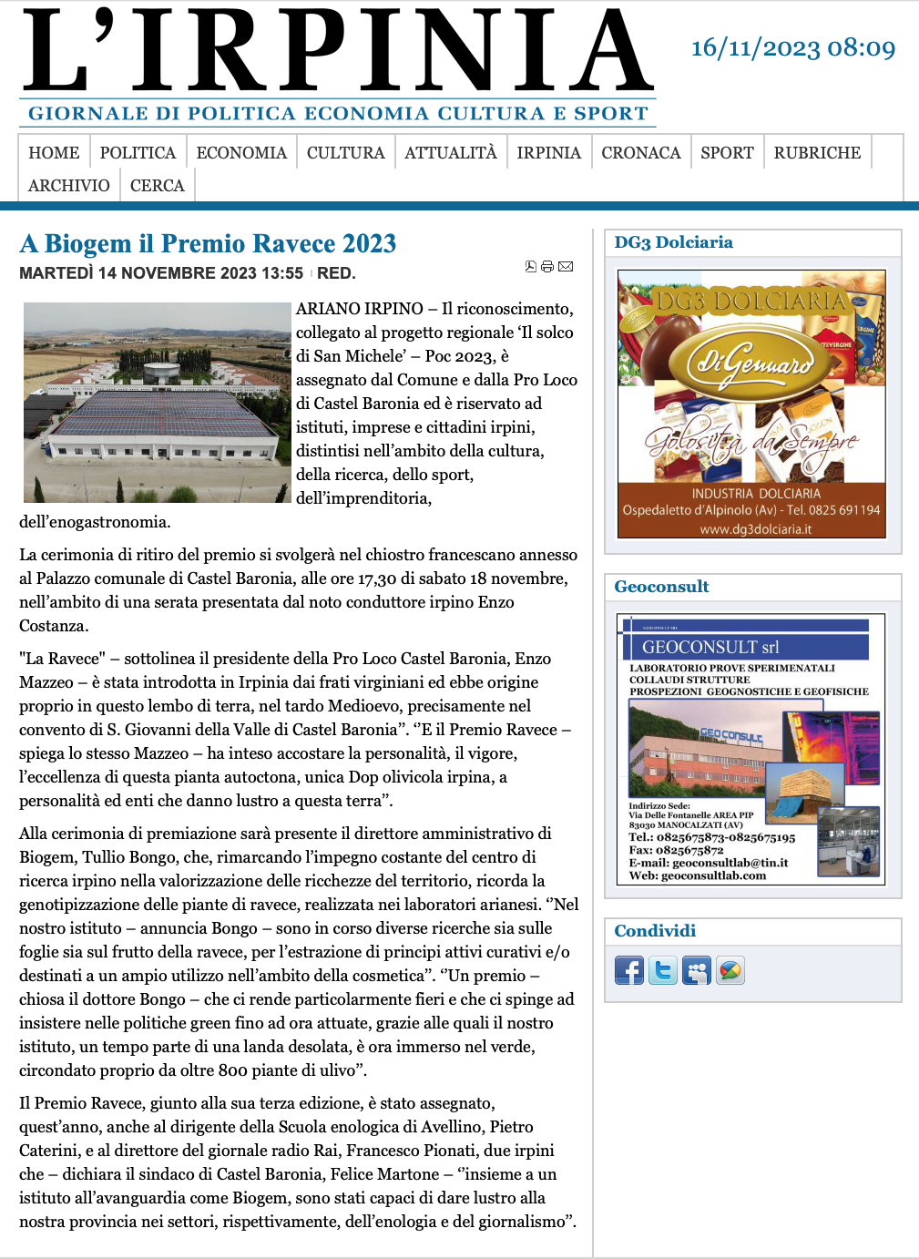 A Biogem il Premio Ravece 2023